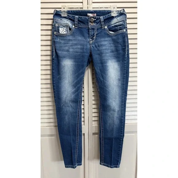 Bongo Skinny Crochet Sequins Med Wash Denim Jeans Size 7 Low Rise Pockets - Picture 1 of 8
